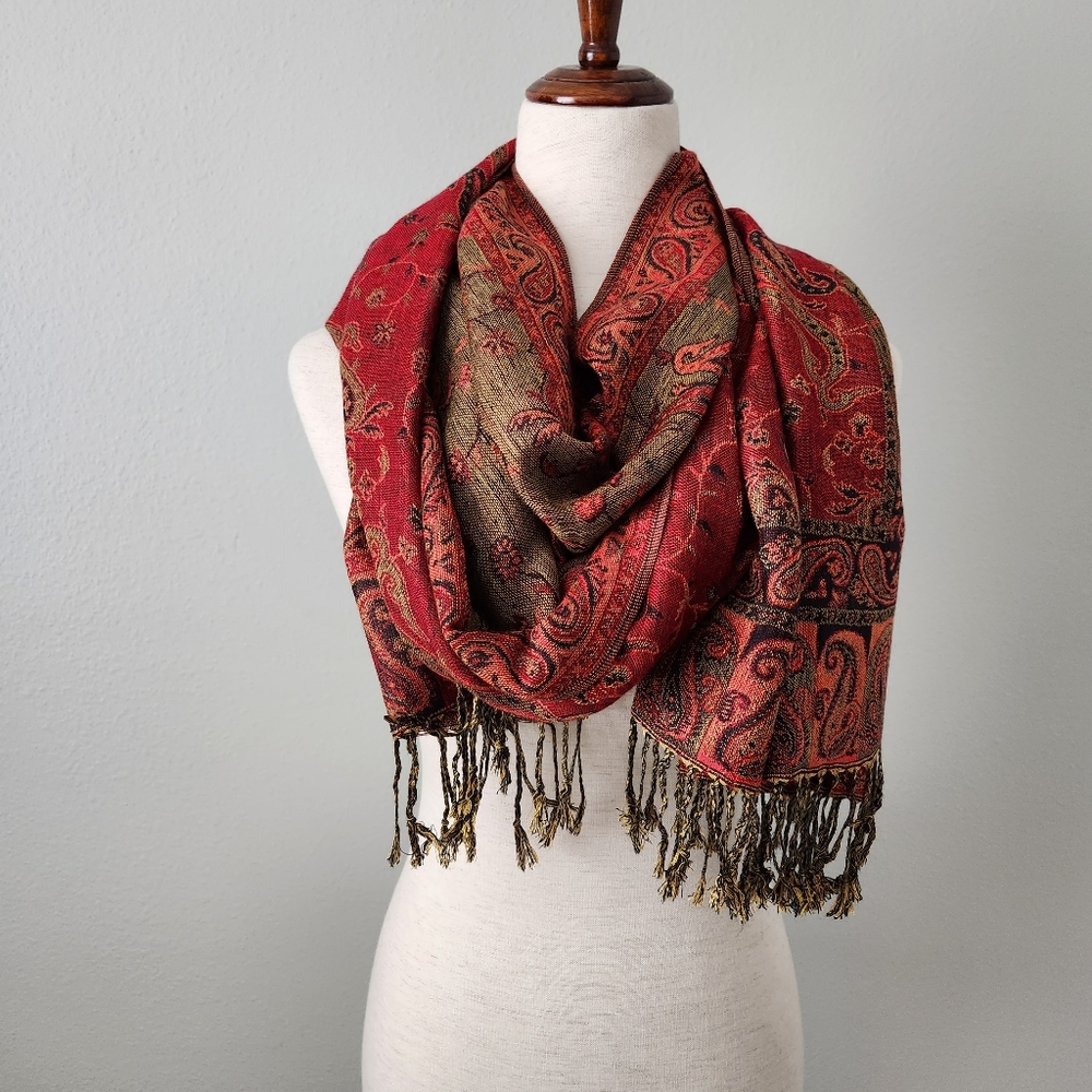 Beautiful Paisley Jewel Toned Reversible Scarf / Wrap With Fringe Trim - Picture 9 of 10